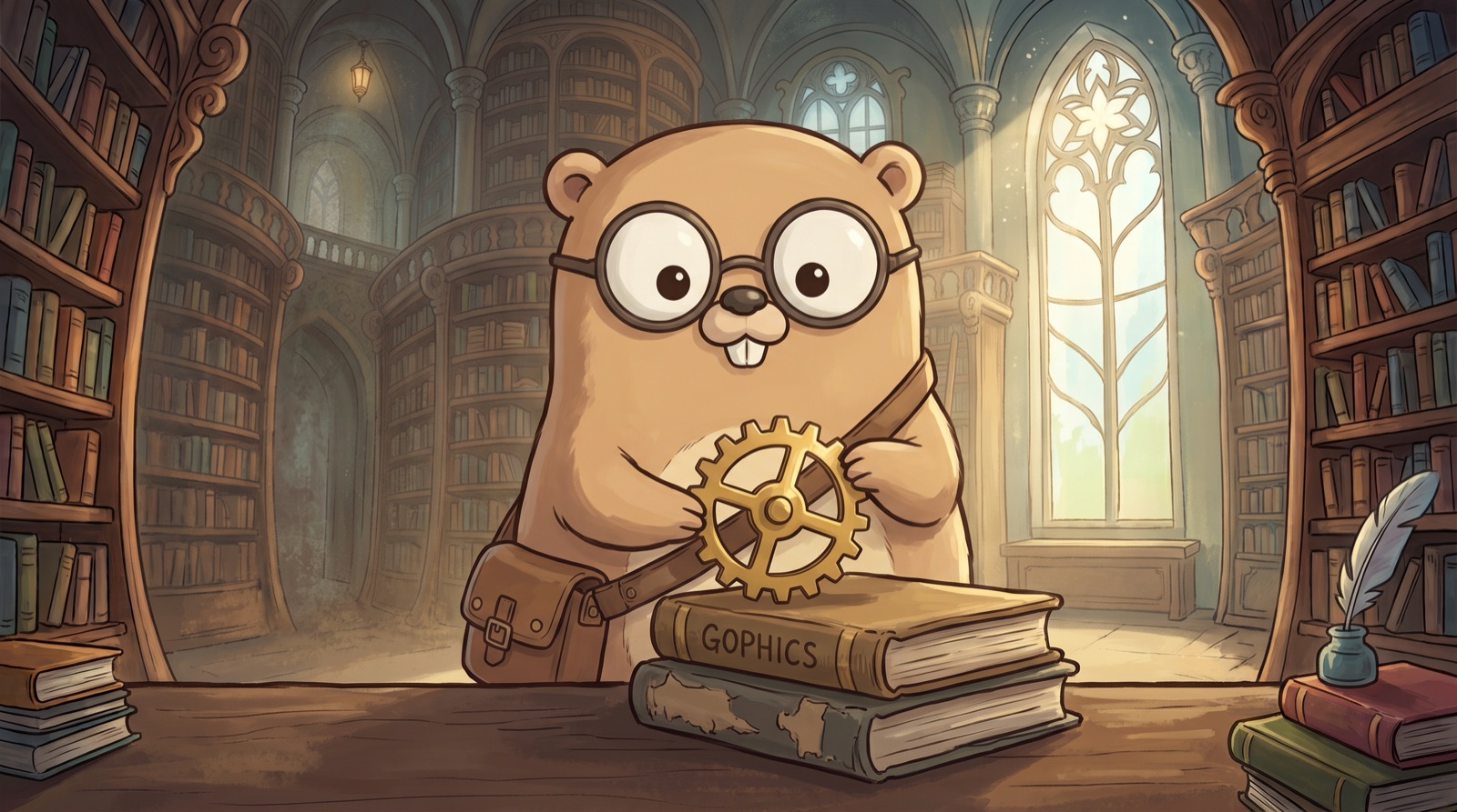 Gophics — a bespectacled gopher studying in a gothic library, holding a gear atop a book labelled GOPHICS